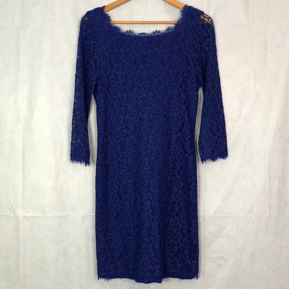 Diane von Furstenberg Zarita  in Chrome Purple 3/4-Sleeve Fitted Lace Dress Sz10 - Picture 4 of 14